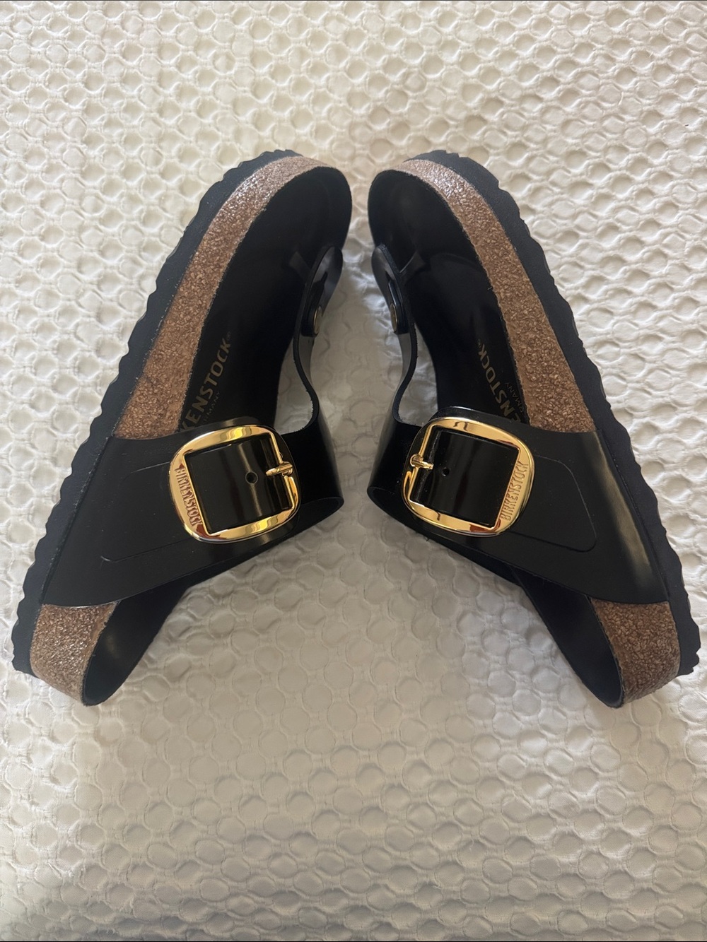 Birkenstock Black Gizeh Sandals with Gold Buckles - Picture 3 of 7